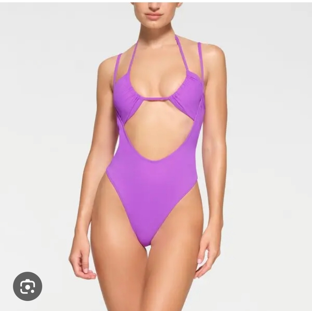 Nwt SKIMS purple One Piece Halter Suspender Swimsuit M 80s Shapewear